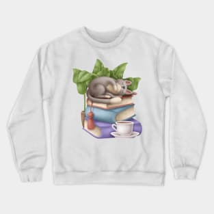 Cute Cat Napping on Books with Tea Crewneck Sweatshirt